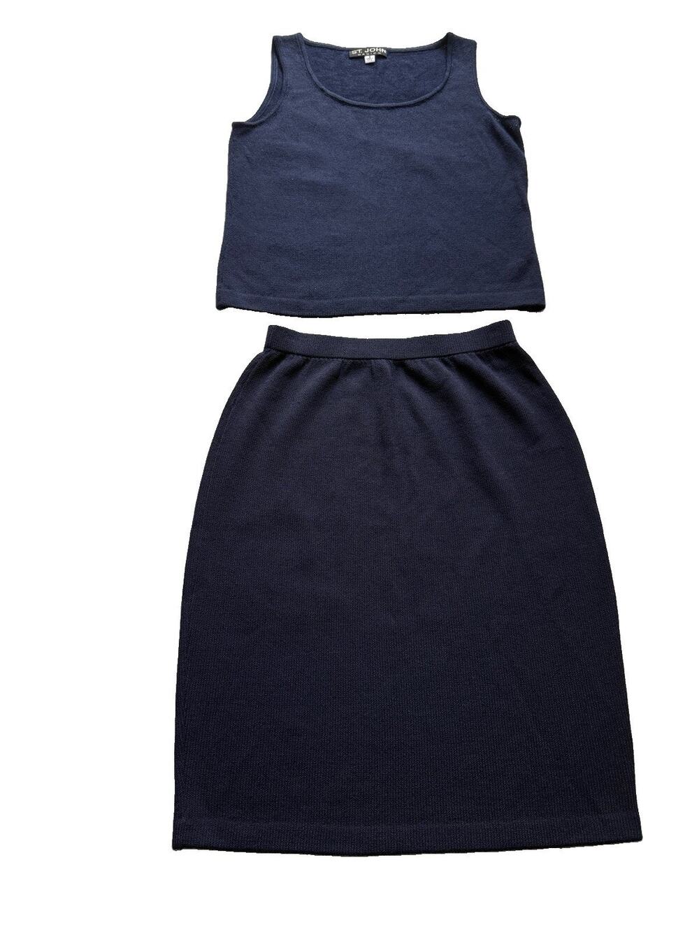Vintage Y2K era St John Basics Navy Blue Knit Tank Top Skirt Set Size 6 Small